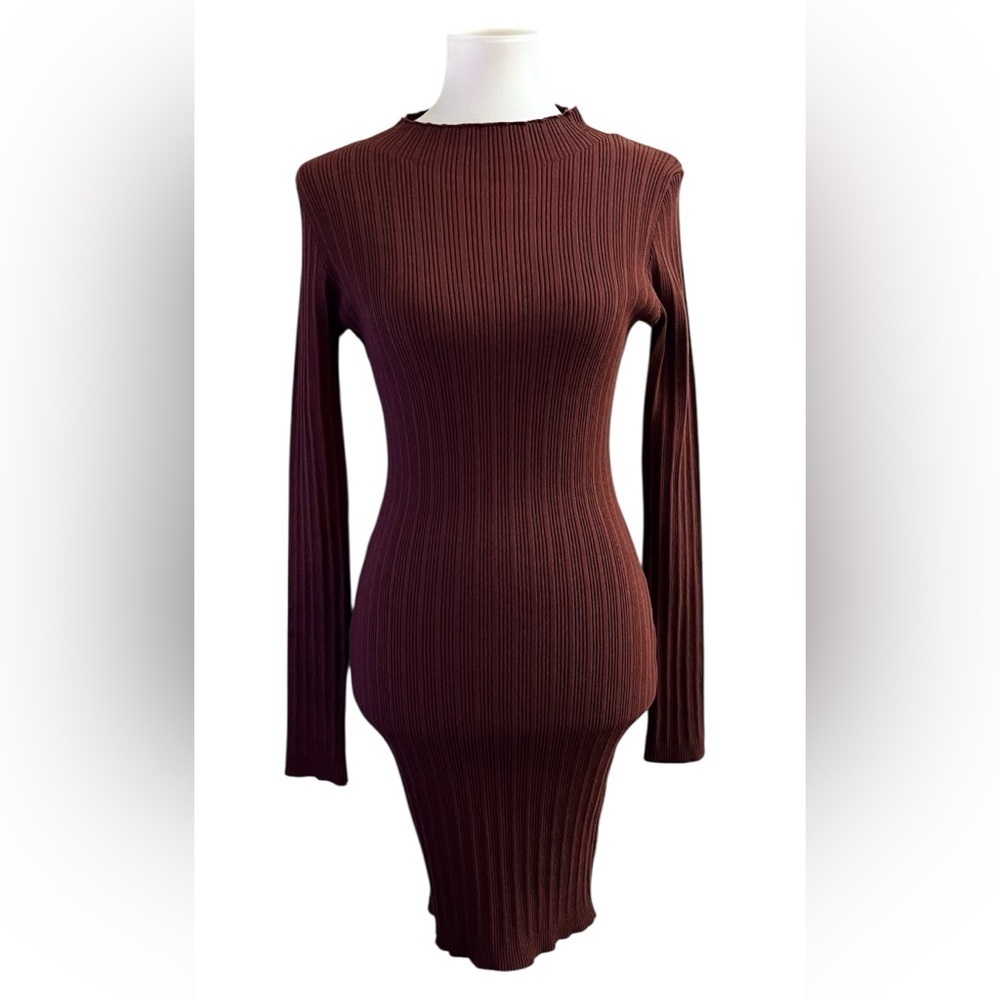 Naked Wardrobe Ribbed Long Sleeve Dress Brown Fall Minimalist Chic